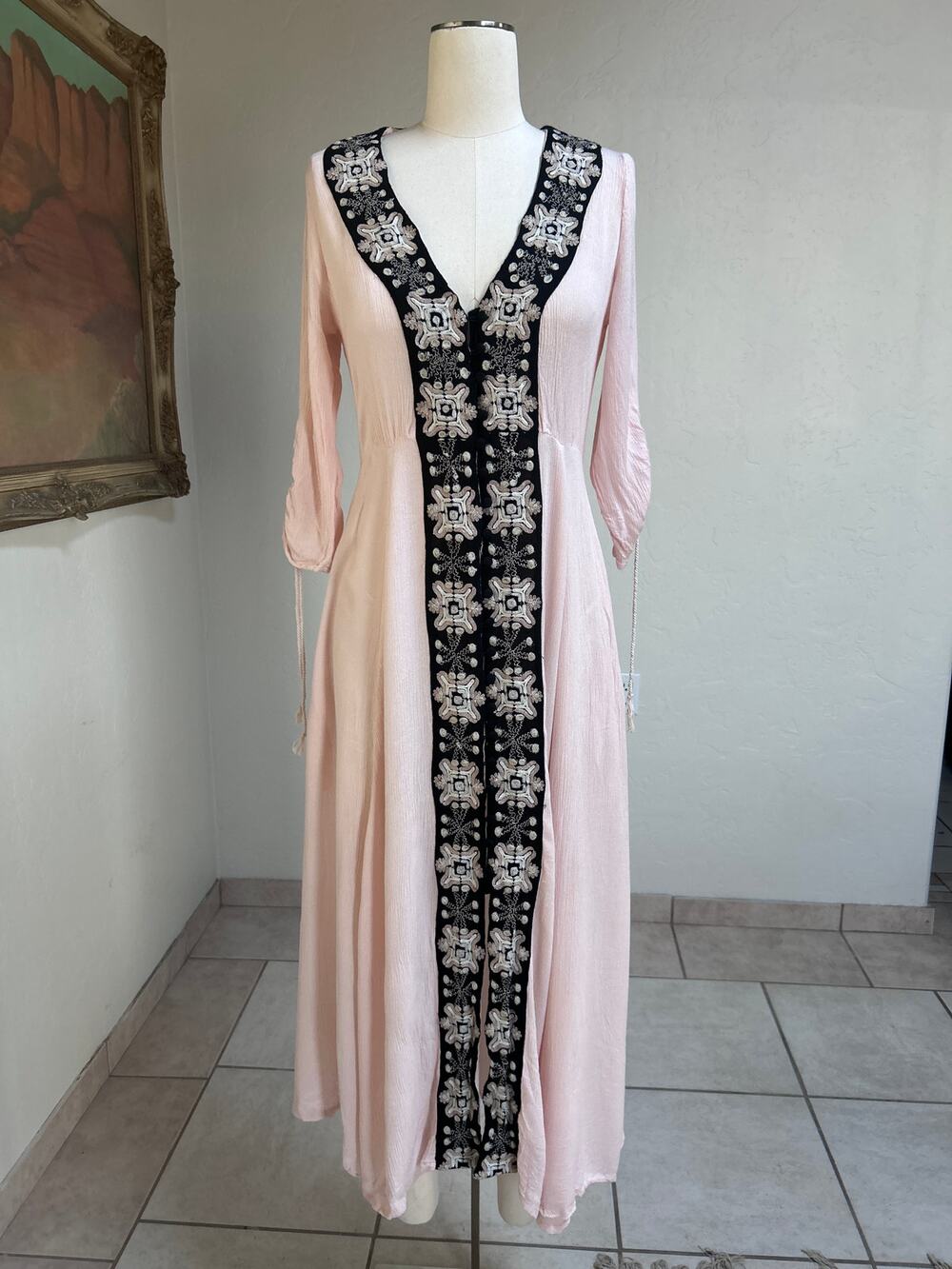 Free People Whimsigoth Maxi Dress Embroidered Witchy Renaissance Romantic Pink 8